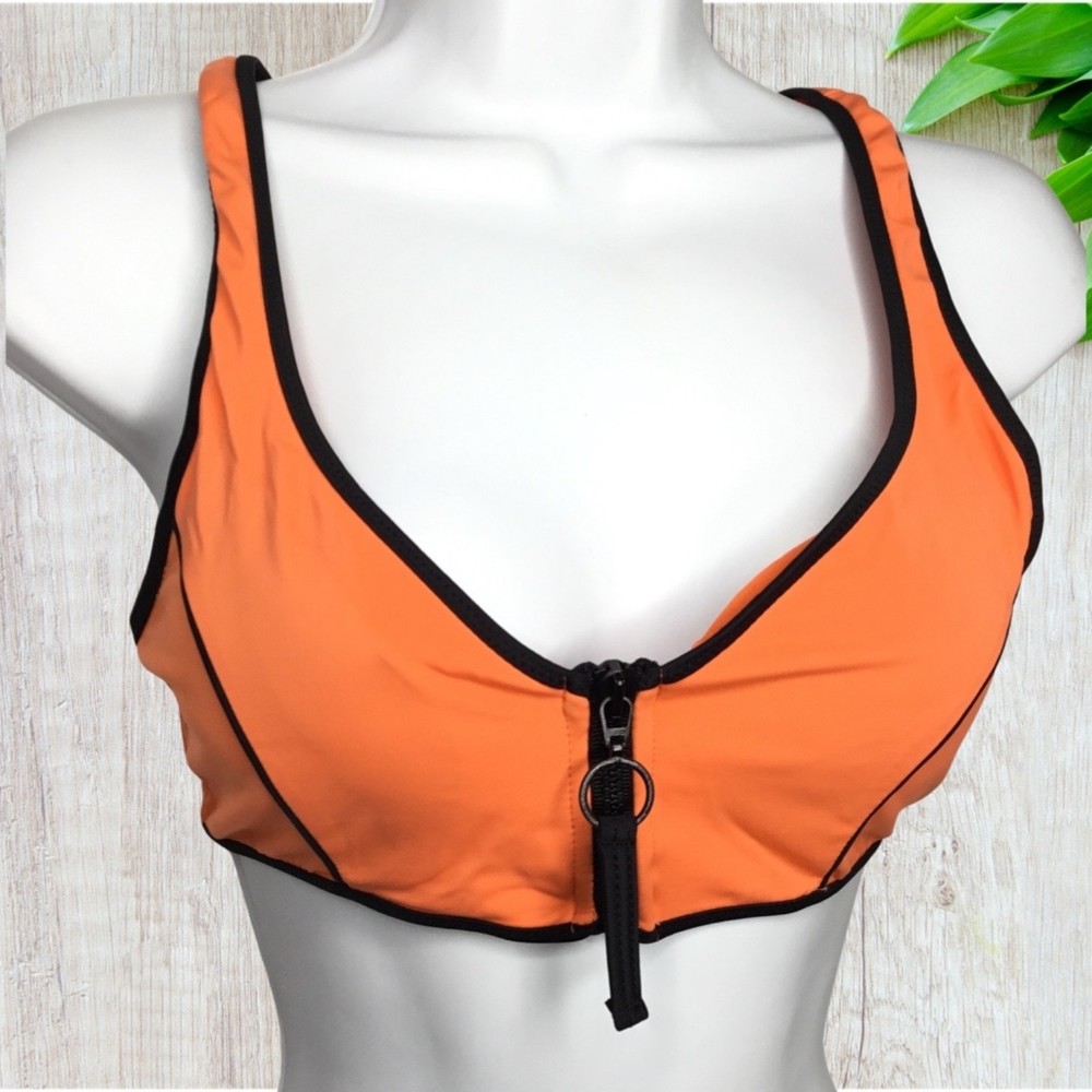 Zara Women’s Orange Zip Front Racer Back Bikini Swim Bralette Sport Bra Sz M NWT